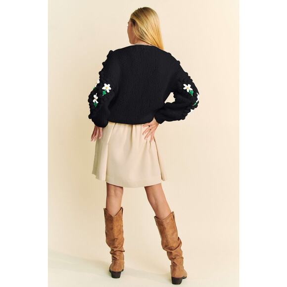 Davi & Dani Embellishments Floral Print Button Up Chunky Knit Cardigan | Black - Picture 8 of 9